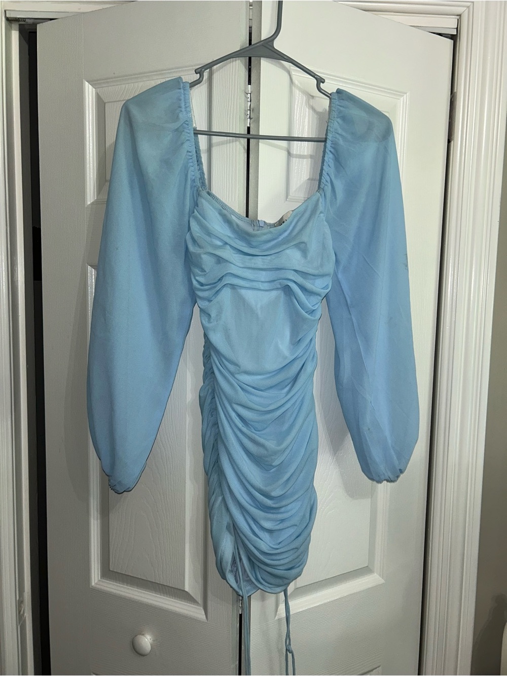 Hello Molly Sky Blue Ruched Long-Sleeve Mini Dress